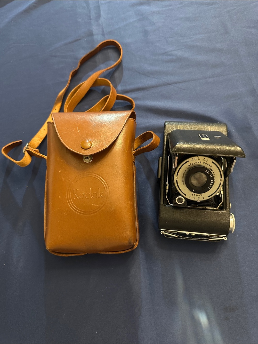 Vintage Kodak Black Folding Camera with Brown Leather Case